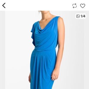 Vince Camuto asymmetric cowl neck royal blue cocktail dress.